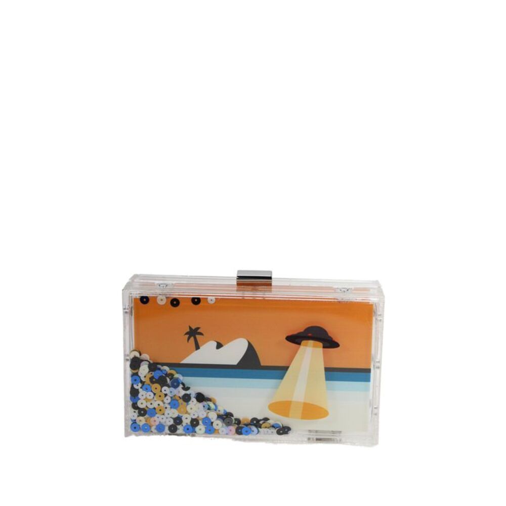 Zara Womens Graphic Print Sequined Clutch Crossbody Handbag Multicolor